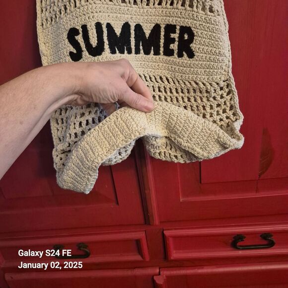 Crocheted Summer Boho Beach Bag Purse Grocery Tote Approx. 14 x 13 Tan Black EUC - Picture 4 of 4